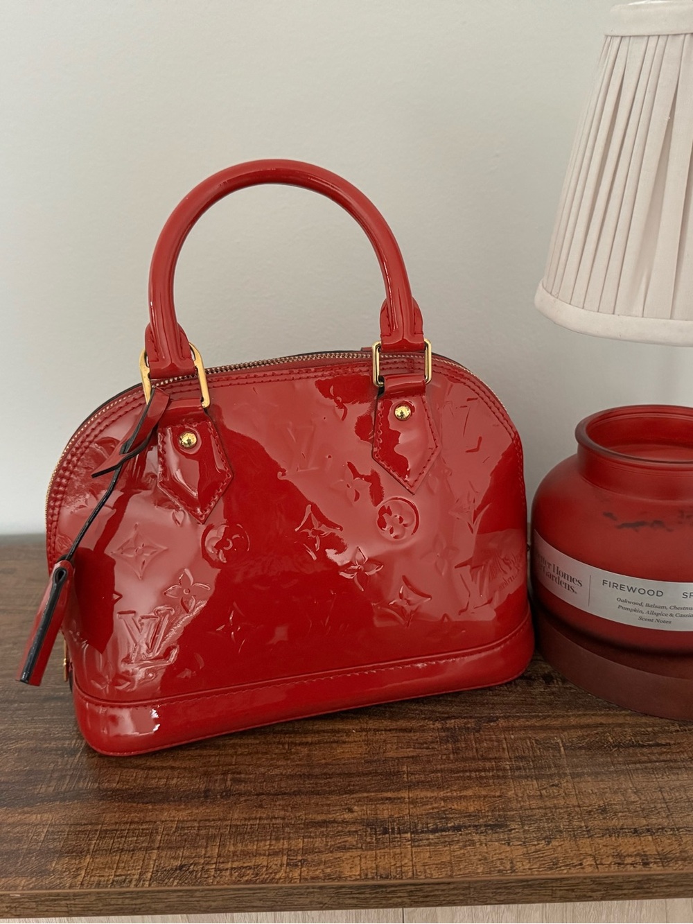 Louis Vuitton Alma Shoulder Bag BB Red Leather Monogram Vernis